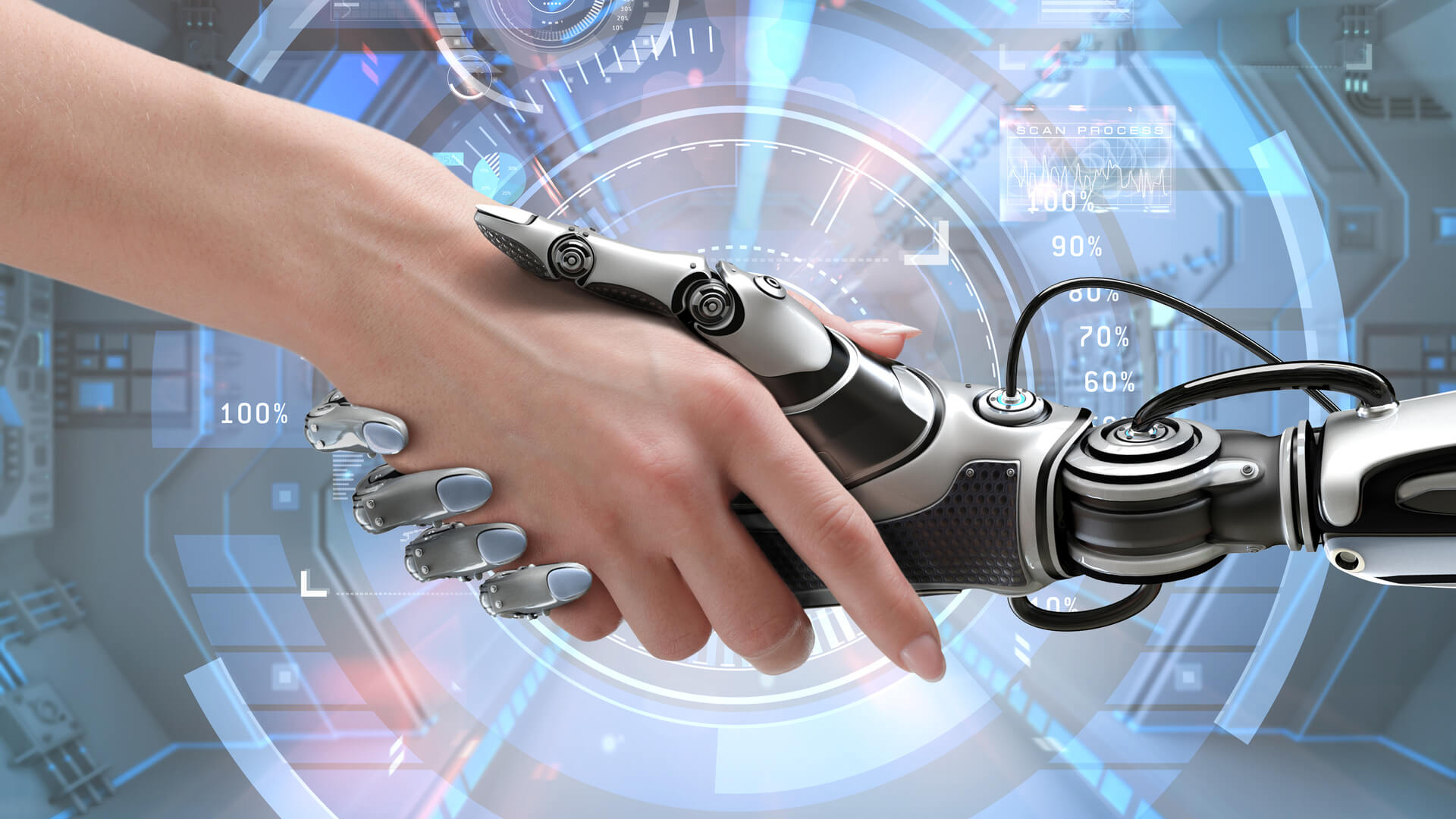 Mão humana e mão robótica quase se tocando, representando a inteligência artificial no serviço público