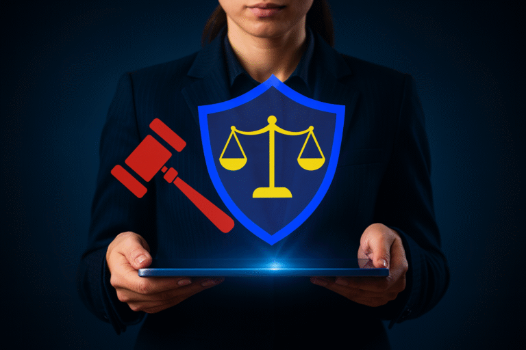 Mulher de terno segurando tablet com holograma jurídico: escudo azul com balança da justiça e martelo vermelho.