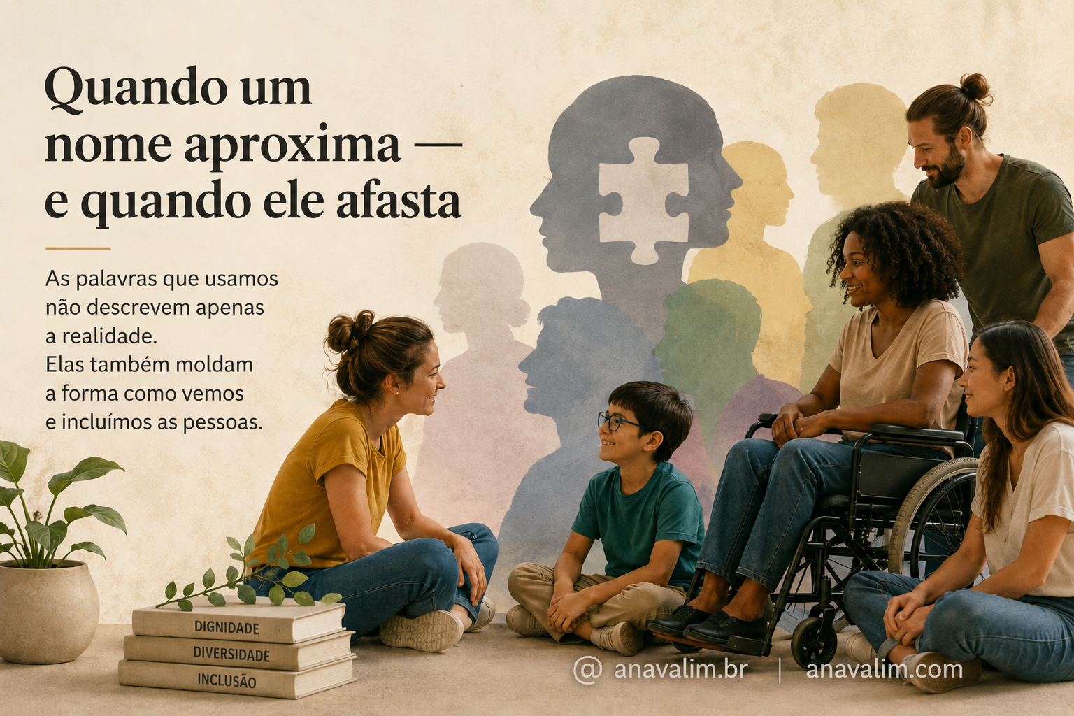 Ilustração sobre inclusão, diversidade humana e pertencimento, mostrando pessoas interagindo em grupo e refletindo sobre o impacto dos rótulos na forma como enxergamos as pessoas.